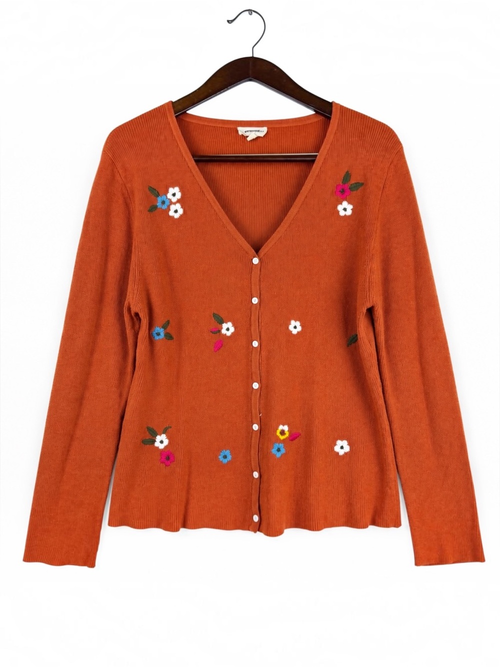 Embroidered Floral Rust Orange Cotton Knit Cardigan Cottagecore L